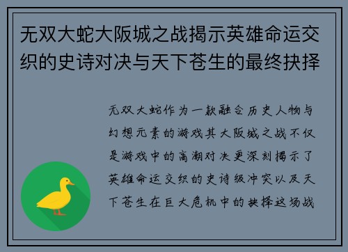无双大蛇大阪城之战揭示英雄命运交织的史诗对决与天下苍生的最终抉择
